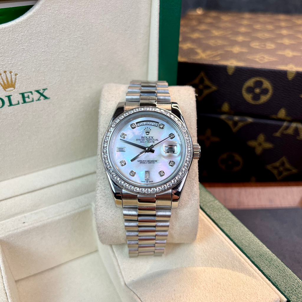 Đồng hồ Nam Rolex máy nhật mặt trắng vành đá mặt khảm trai day date dòng cơ Automatic mặt size 41mm