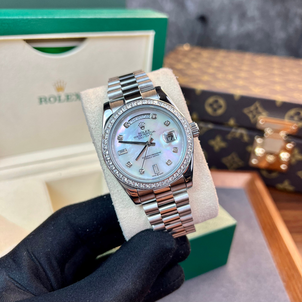 Đồng hồ Nam Rolex máy nhật mặt trắng vành đá mặt khảm trai day date dòng cơ Automatic mặt size 41mm