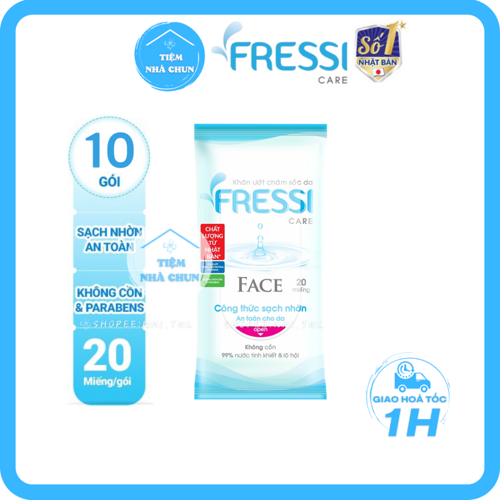 KHĂN ƯỚT FRESSI CARE FACE 20 Miếng - LỐC 10 GÓI - Khăn Giấy Ướt Chăm Sóc