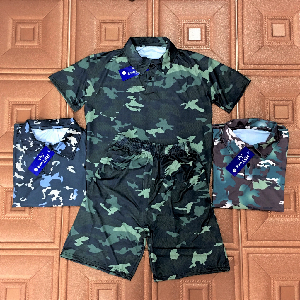 Bộ quần áo rằn ri Camo Nam từ 35kg đến 78kg cổ bẻ chất thun lạnh co dãn 4 chiều không bai xù