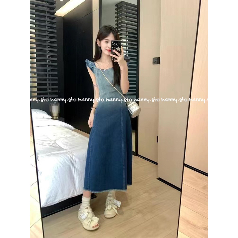 Váy jeans dài loang, tay cánh tiên khoá kéo sau