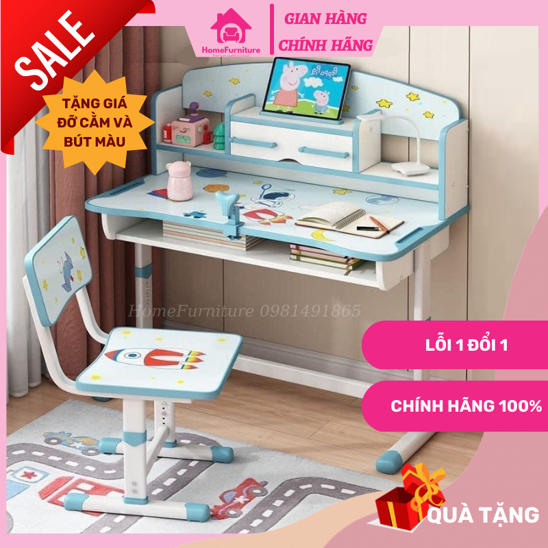 Bộ bàn học sinh C03 - Bộ bàn học cho bé chống cận chống gù điều chỉnh được độ cao có giá sách ngăn đựng đồ HomeFurniture