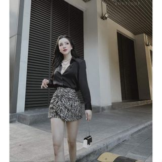 Set Áo Sơ Mi Michiha Fashion - Áo Sơ Mi Kèm Chân Váy Họa Tiết Vằn Cao Cấp Phong Cách Công Sở, Trẻ Trung Màu Đen