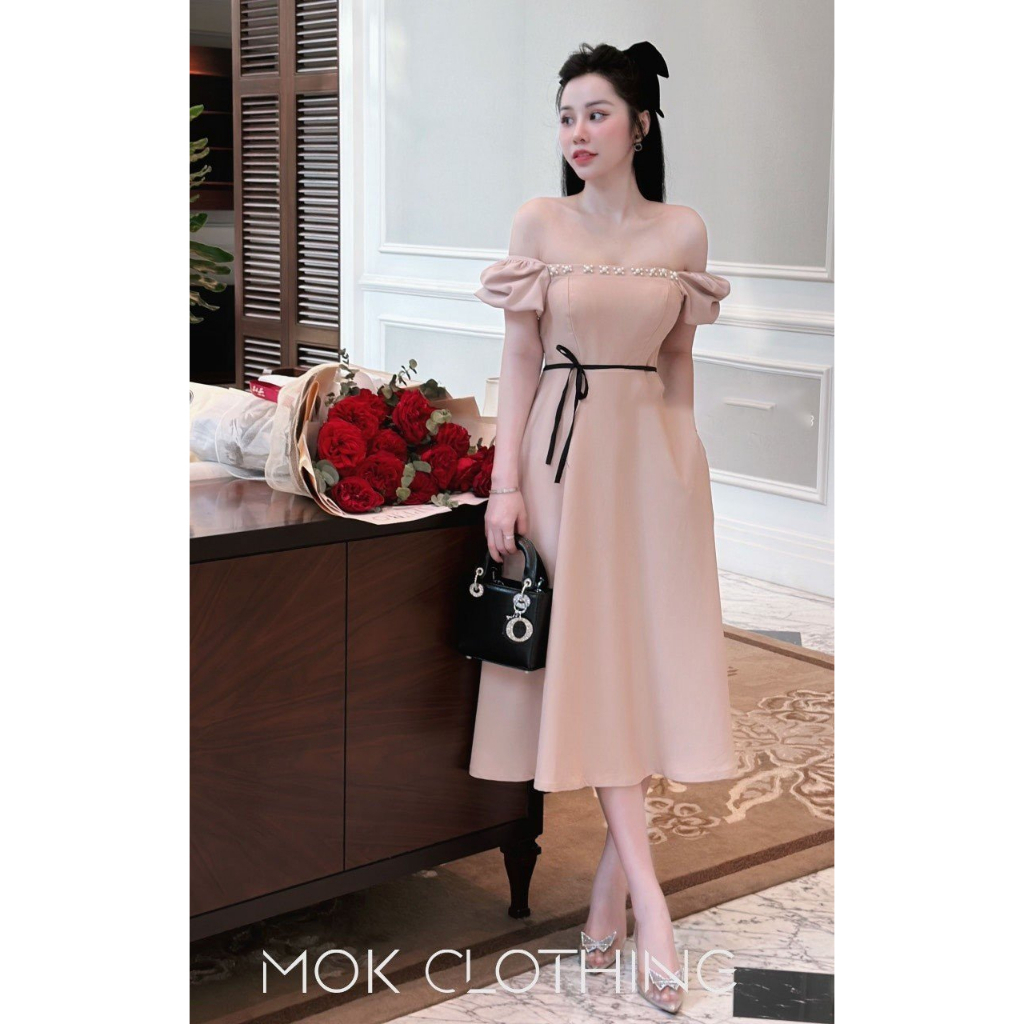 Đầm váy nữ trễ vai cột nơ eo dáng dài xòe siêu thanh lịch sang trọng đi tiệc hàng thiết kế cao cấp