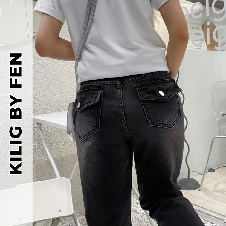 Quần jean túi hộp ống suông cạp cao màu xám phong cách retro | KILIGBYFEN - TROUSERS
