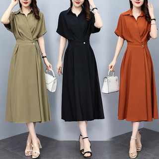 Đầm sơ mi nút eo 3 màu cam đen xanh rêu công sở