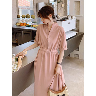 Đầm hồng cổ trụ dáng dài rút dây eo