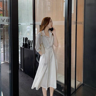 Đầm sơ mi trắng nút eo dáng dài công sở