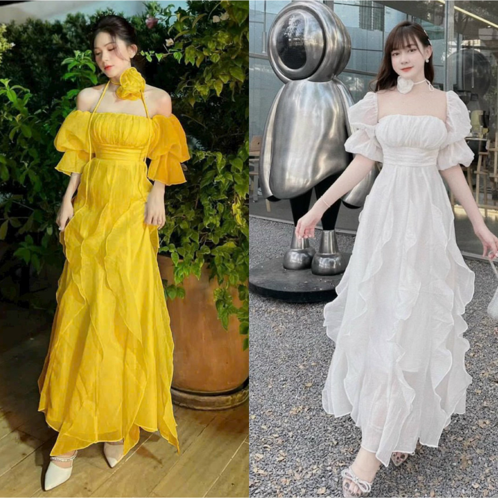 Đầm váy maxi nữ tay phồng tầng cúp ngực kèm hoa cổ mix dáng váy dài tà lạ xinh xắn dành cho các nàng dạo biển, đi tiệc .