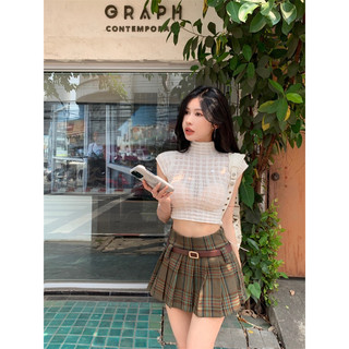 Set áo croptop cổ cao & chân váy ngắn xoè xếp li caro kèm đai
