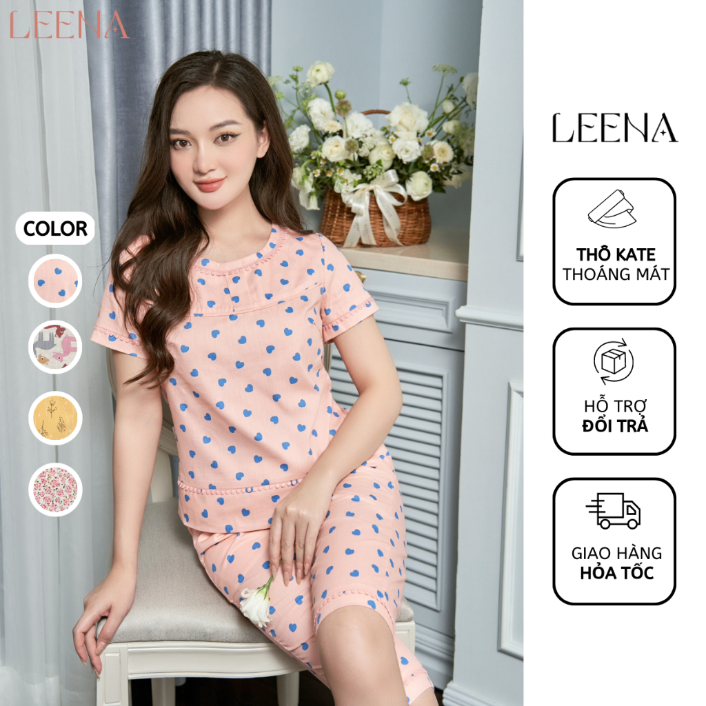 Bộ Ngủ Vải Thô Kate Dáng Áo Cộc Quần Lửng Cổ Tròn Viền Ren Bộ Mặc Nhà Thoáng Mát Thấm Hút Mồ Hôi Leena Homwear 23T312-15
