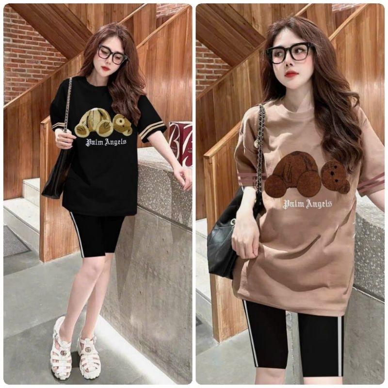 Set Bộ Đồ Đùi Ngố Thun Cotton Áo Form Rộng Đắp Gấu Bông Nổi Phối Quần Viền Kim Tuyến