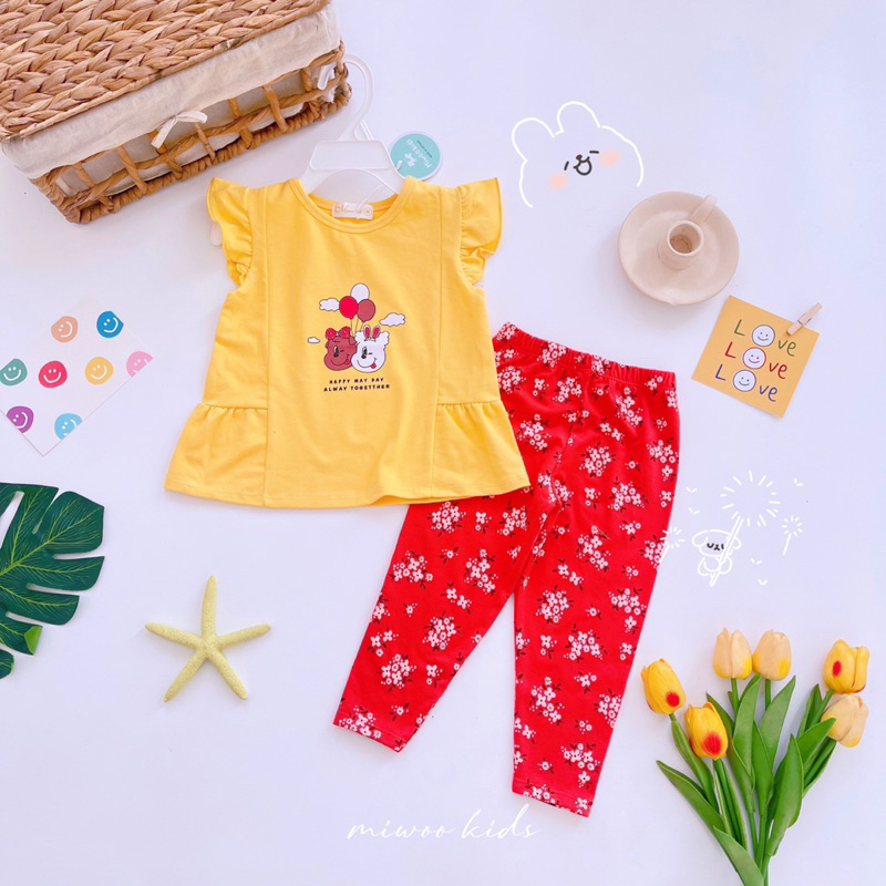 Bộ áo cộc quần dài miwoo kids in hình cho bé gái