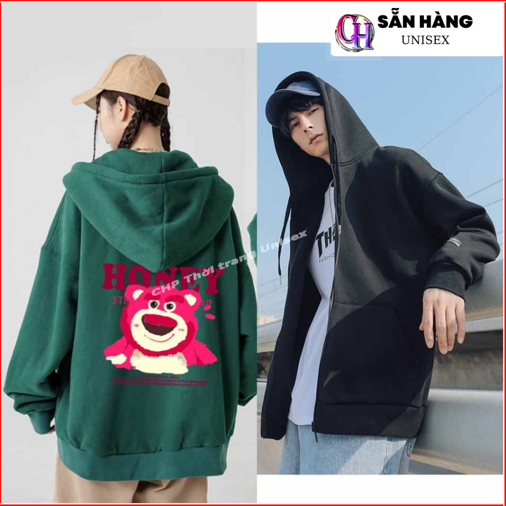 áo khoác hoodie GẤU HONEY mặc ở nhà đi dạo phố - áo khoác nỉ bông nam nữ ép hình gấu dâu losto và chữ honey rõ nét