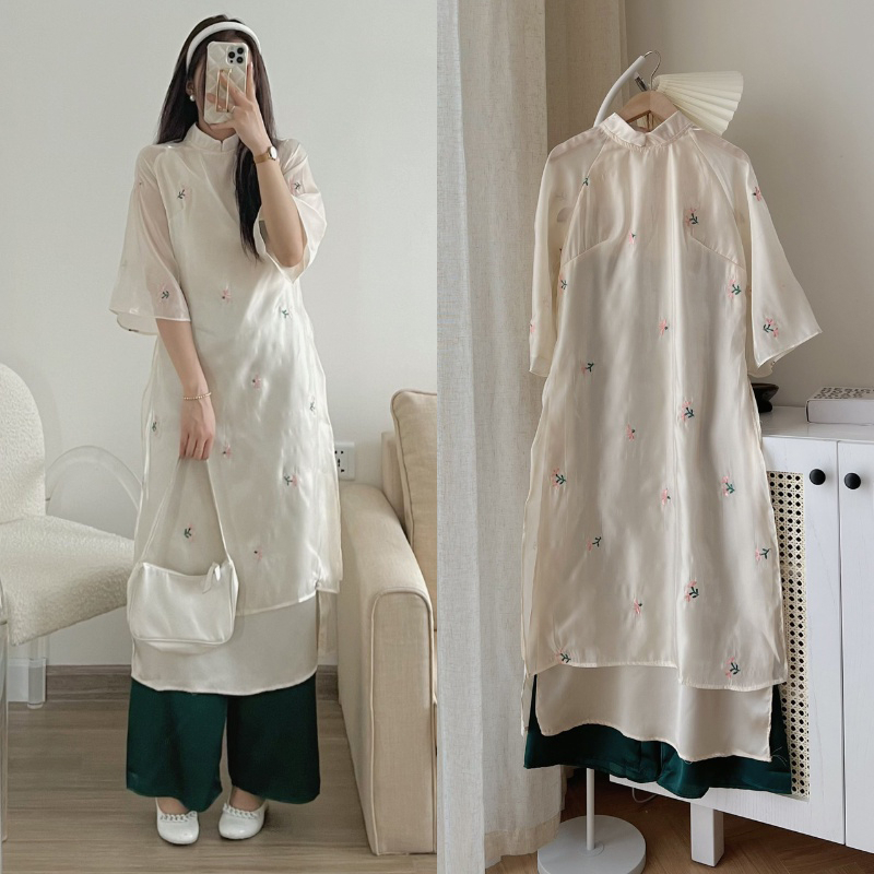 Áo dài cách tân dáng suông Hanna thêu hoa cao cấp mẫu mới nhất 2023, tay loe cánh tiên mặc đám cưới hỏi lễ tết sự kiện