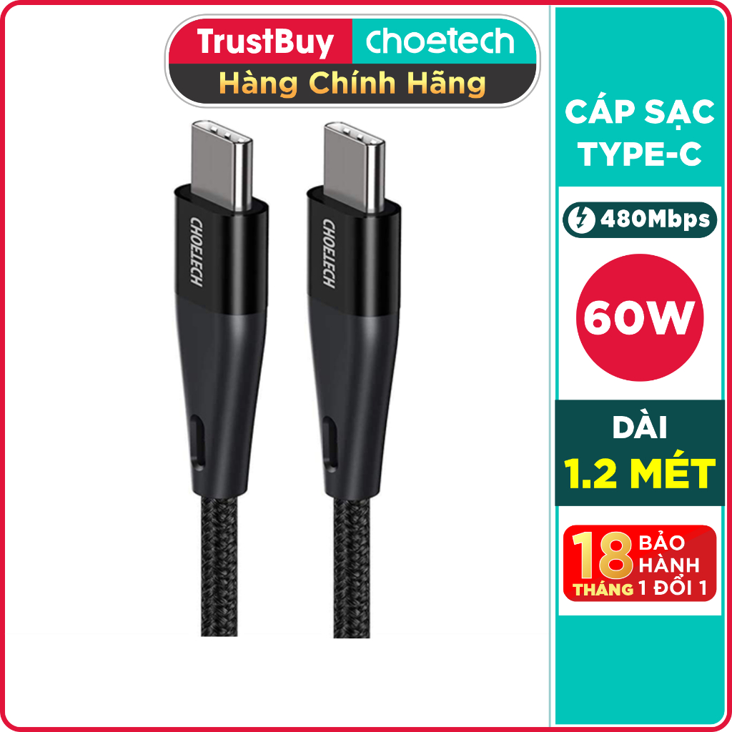 Dây Cáp Sạc Nhanh USB Type C To Type C 60W Dài 1.2M CHOETECH XCC-1003 - Hàng Chính Hãng