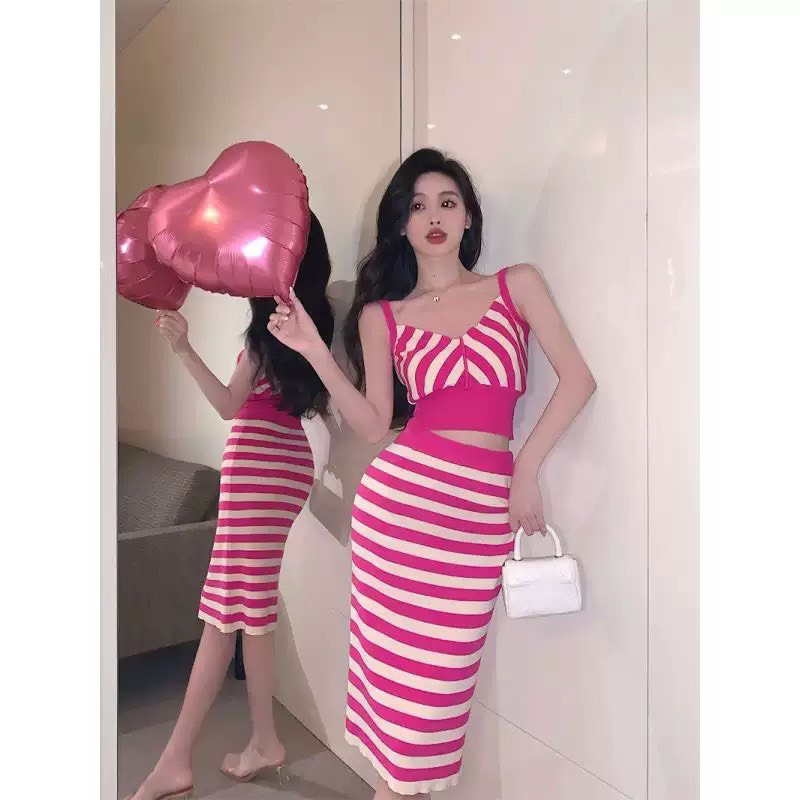 Set len hồng 2 dây mix chân váy dài đẹp dáng ôm body sexy Bộ Áo Hai Dây Dệt Kim Kẻ Sọc Ôm Dáng + Chân Váy Dài Eo Cao