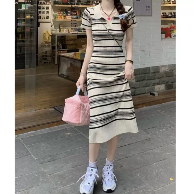 Đầm Maxi Dệt Kim Tay Ngắn Cổ Polo Họa Tiết Kẻ Sọc Thời Trang Mùa Hè Phong Cách Hàn Quốc Váy len dệt kim kẻ ngang cổ bẻ