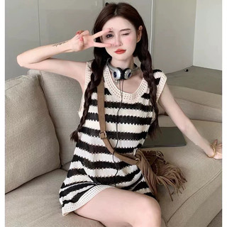 Đầm Dệt Kim Không Tay Thời Trang Hàn Quốc Cho Nữ Đầm Midi Dệt Kim Dáng Rộng Họa Tiết Kẻ Sọc Phong Cách Ulzzang
