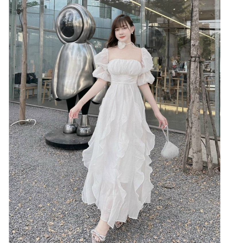 Đầm maxi trễ vai kèm hoa duyên dáng, quyến dũ cho nàng đi chơi, đi biển