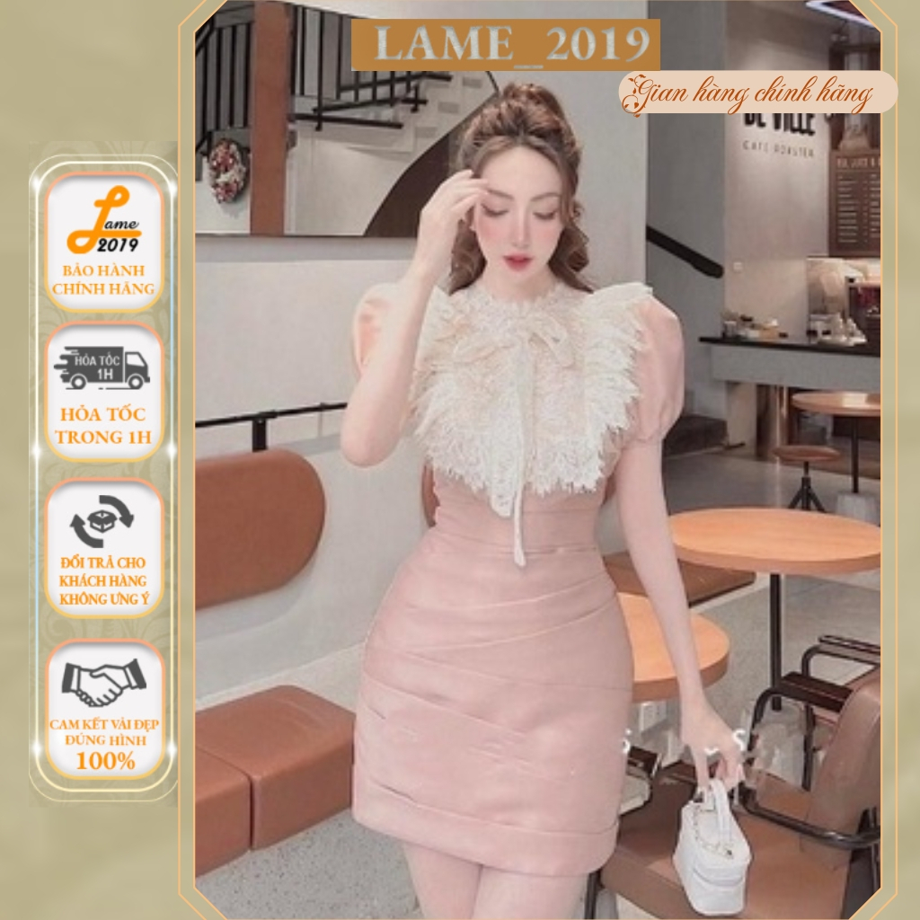 Váy nữ siêu xinh Váy tafta cổ ren phối nơ kiểu dáng tiểu thư, thanh lịch