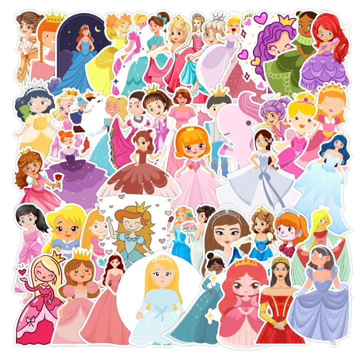 Set 50 Sticker chống nước hình Công chúa - Hình Dán Sticker Cắt Sẵn Trang Trí Bình Nước Mũ Bảo Hiểm, Điện Thoại, Laptop