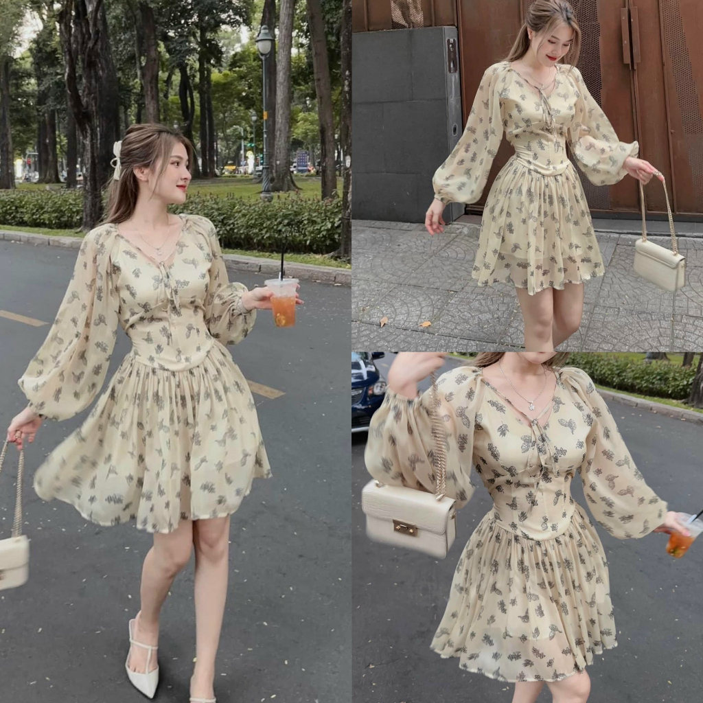 Đầm xòe voan hoa 2 lớp tay phồng dài siết eo siêu đáng yêu, duyên dáng trẻ trung dành cho các nàng dự tiệc, đi du lịch