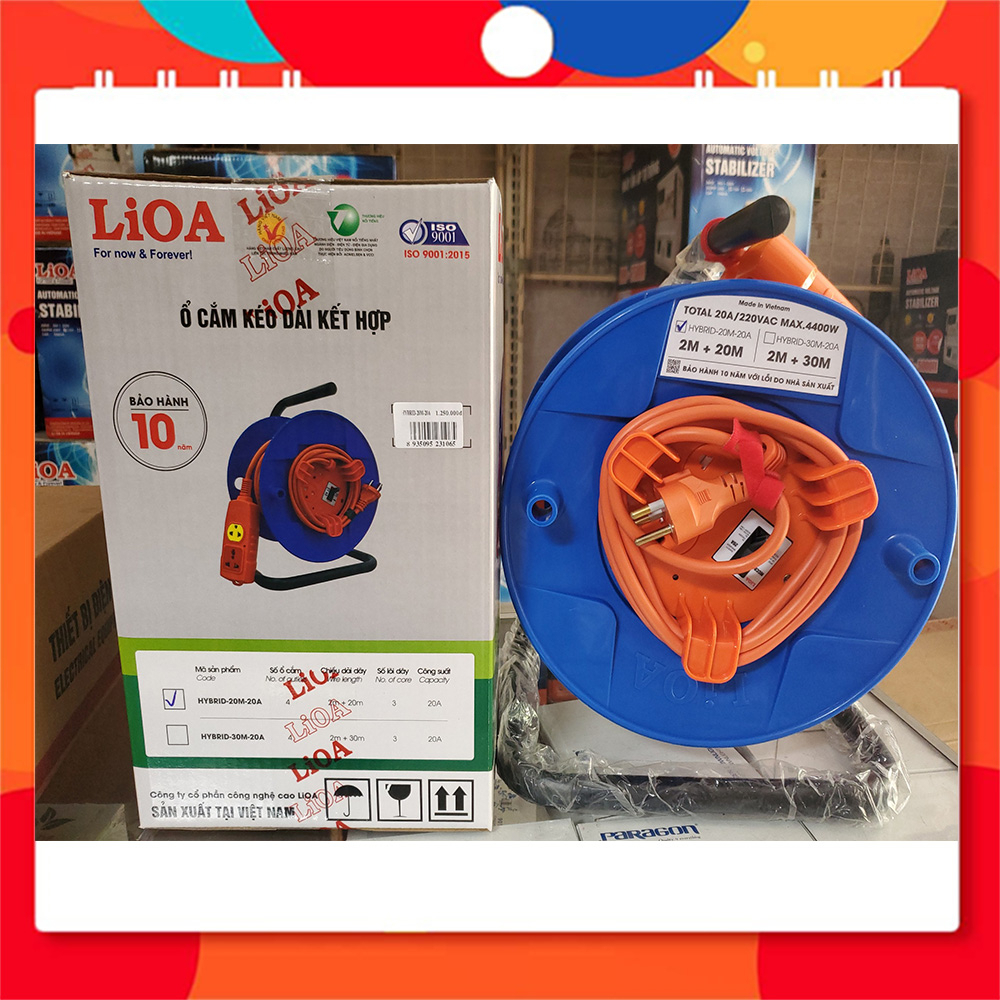Ổ cắm kéo dài kết hợp LIOA có chống quá tải bằng CB - Ổ điện kéo dài xách tay LIOA 20 mét – 20A
