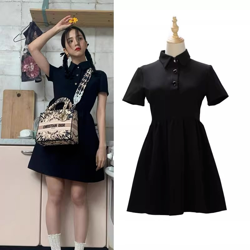 Đầm polo ngắn tay dáng babydoll màu đen giống Jisoo CÓ ẢNH THẬT thời trang ulzzang Hàn Quốc