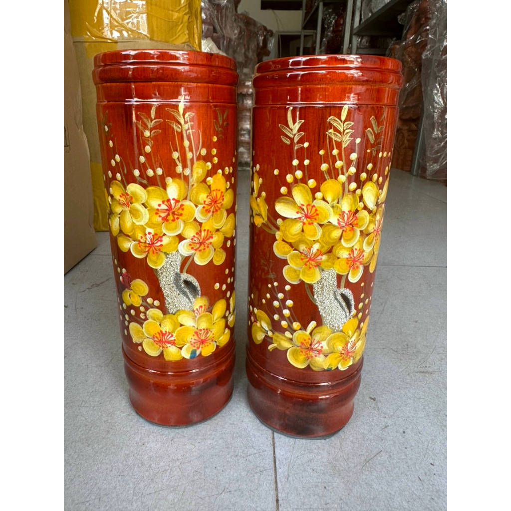 Ống đựng nhang gỗ thờ cúng vẽ hoa mai vàng siêu đẹp nhiều kích thước