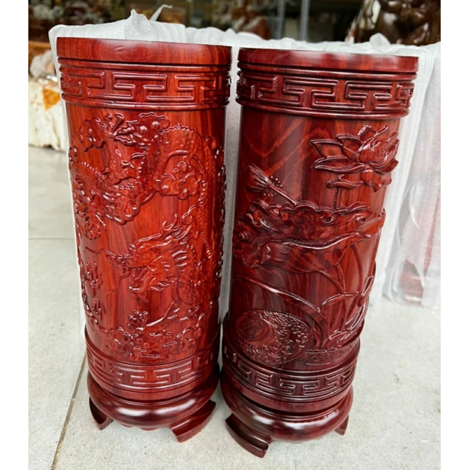 Ống cắm nhang - đựng nhang trạm gỗ hương nguyên khối cao 30cm