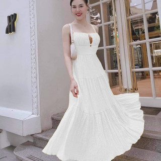 Đầm maxi 2 dây xếp tần khoét  ngực  có mút ngực chất xốp chỉ mềm xốp