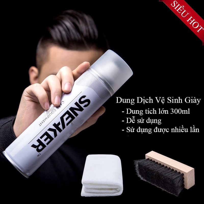 Combo bộ phụ kiện chăm sóc giầy Sneaker 3 món, dụng cụ gồm bình sịt vệ sinh giầy kèm bàn chải đánh và khăn lau giầy dép.