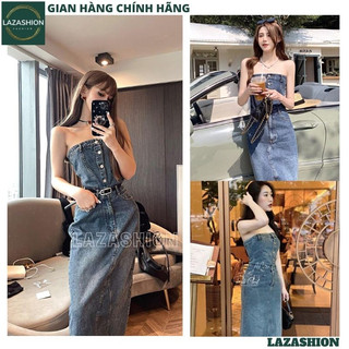 Váy bò cúp ngực dáng dài ôm body sexy quyến rũ cao cấp, Đầm jean denim quây lưng chun xẻ sau kèm đai thiết kế - LAZA