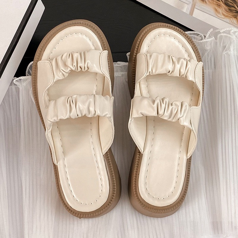 Dép nữ đế nâu 3cm, Dép bèo 2 quai nhún da mềm êm chân mẫu mới siêu hot