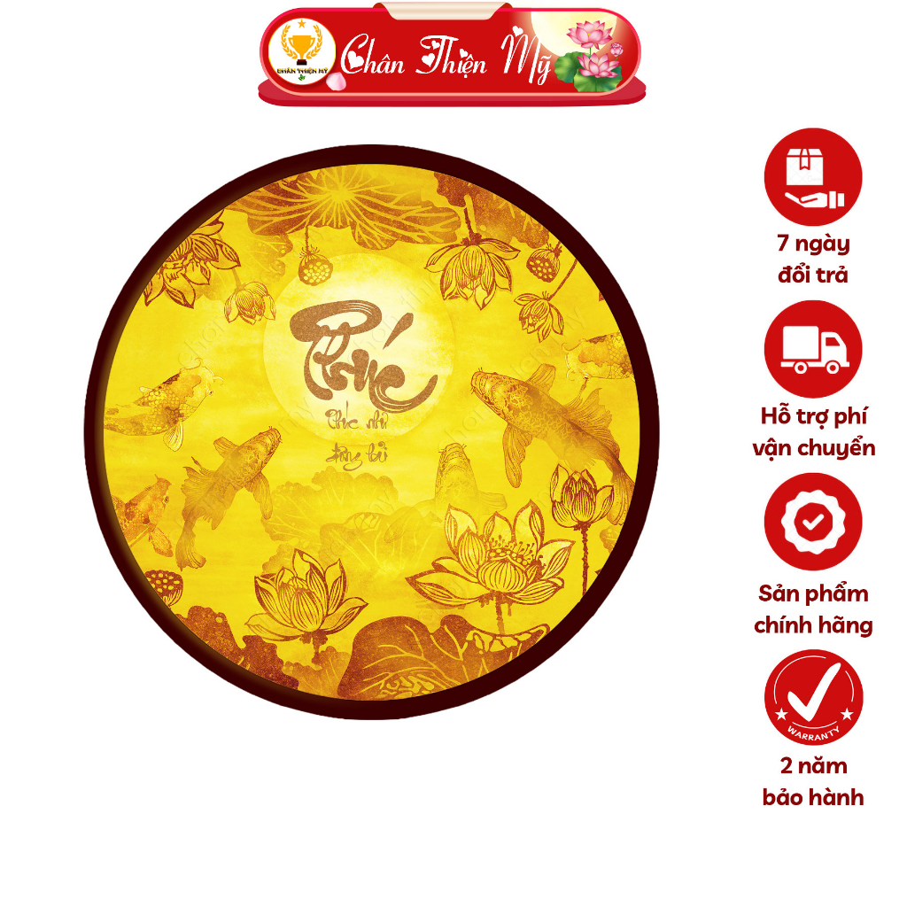 Đèn Hào Quang Hoa Sen Chữ Phúc In Tranh Trúc Chỉ CHÂN THIỆN MỸ, Trang Trí Bàn Thờ Gia Tiên, Treo Tượng Phật TC-HQ-205