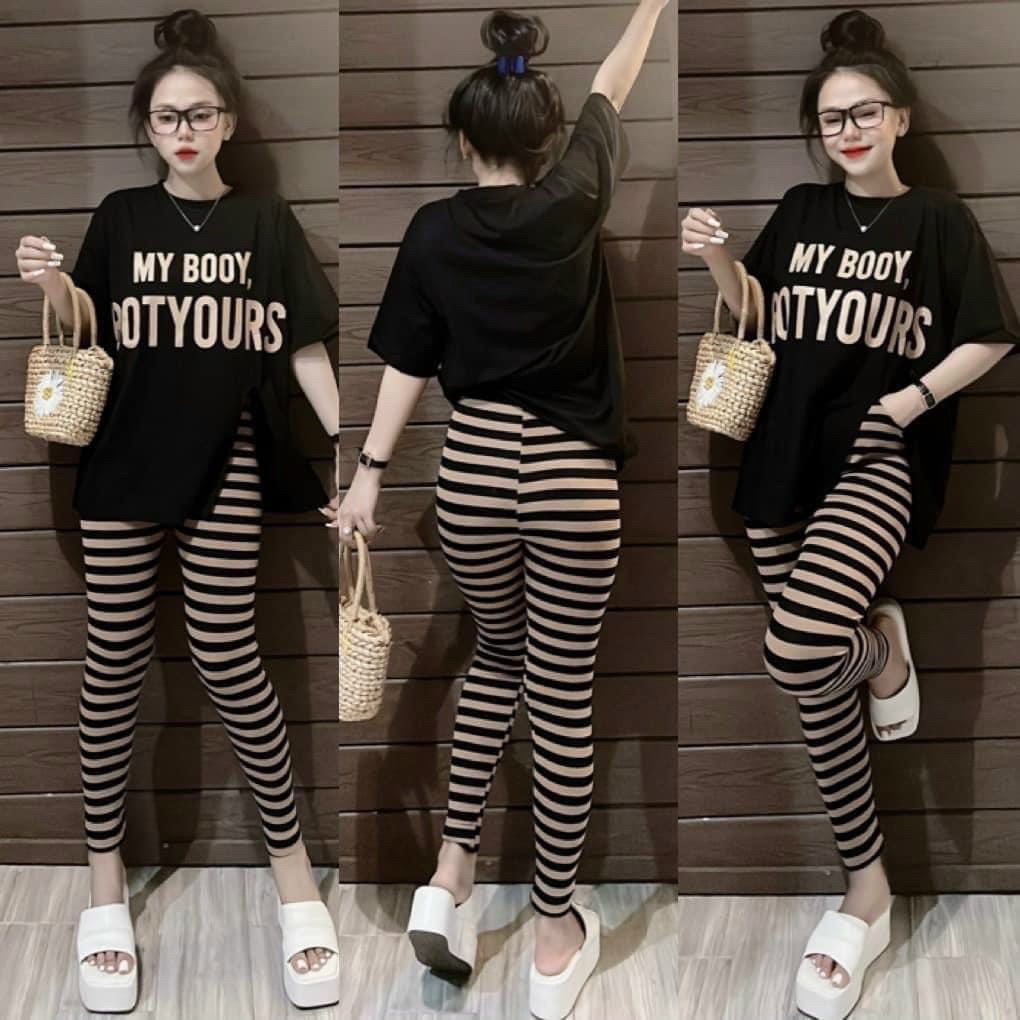 (Sale FreeShip) Sét Aó Thun From Rộng Xẻ Tà Kèm Quần Legging BoZip Kẻ Sọc Cực xinh,Chất Đẹp Chuẩn Shop