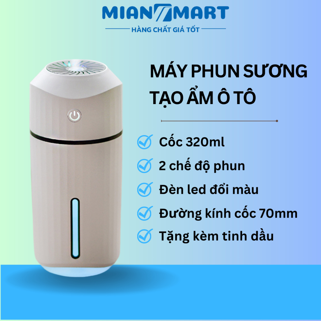 Máy máy tạo ẩm mini phun sương xông tinh dầu -  tạo độ ẩm ô tô tặng kèm tinh dầu bh 3 tháng - MIAN MART