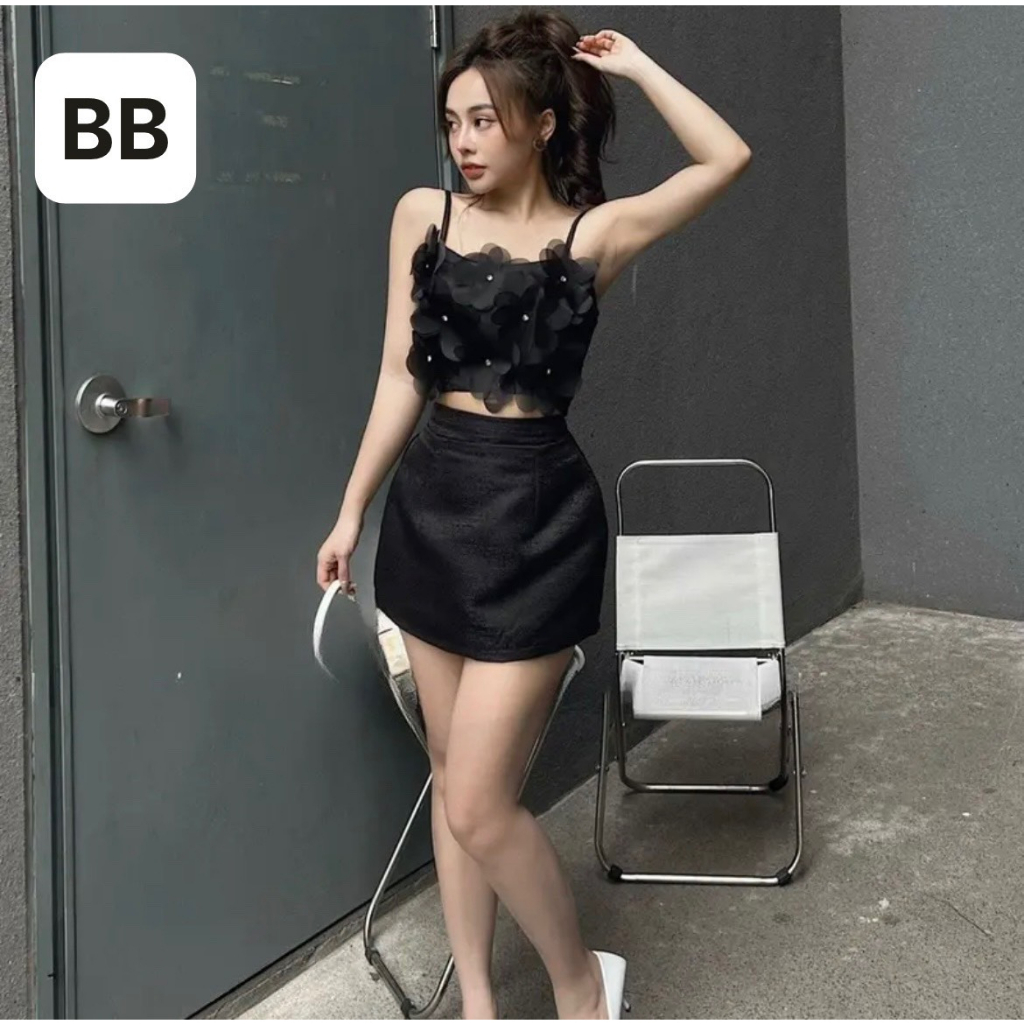 Set áo 2 dây nữ đính hoa tiểu thư kèm chân váy tacta dáng chữ A ôm body bánh bèo đi tiệc cưới Hàn Quốc