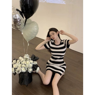 Đầm Dệt Kim Ngắn Tay Dáng Ôm Họa Tiết Kẻ Sọc Màu Tương Phản Kiểu Retro Hàn Quốc Thời Trang Mùa Hè Váy body xinh 2 màu