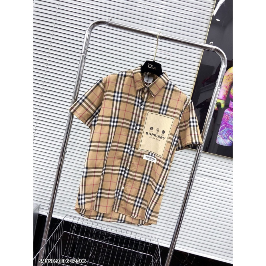 Áo sơ mi cộc tay nam nữ Burberry kẻ sọc caro be dập mác logo chữ ngực chất cotton cao cấp SMC05P