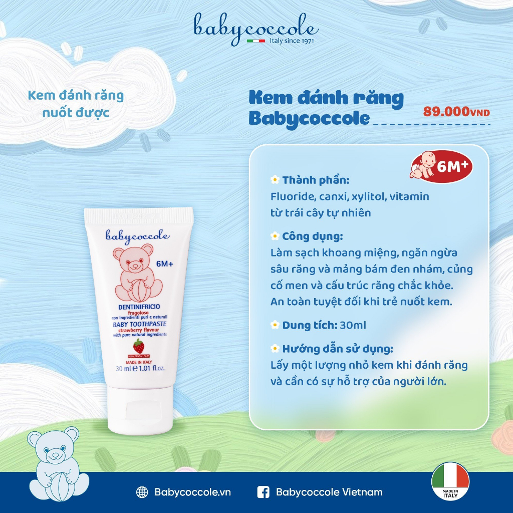 Kem đánh răng cho bé Babycoccole trẻ em nuốt được từ 6M+ hương dâu 30ml