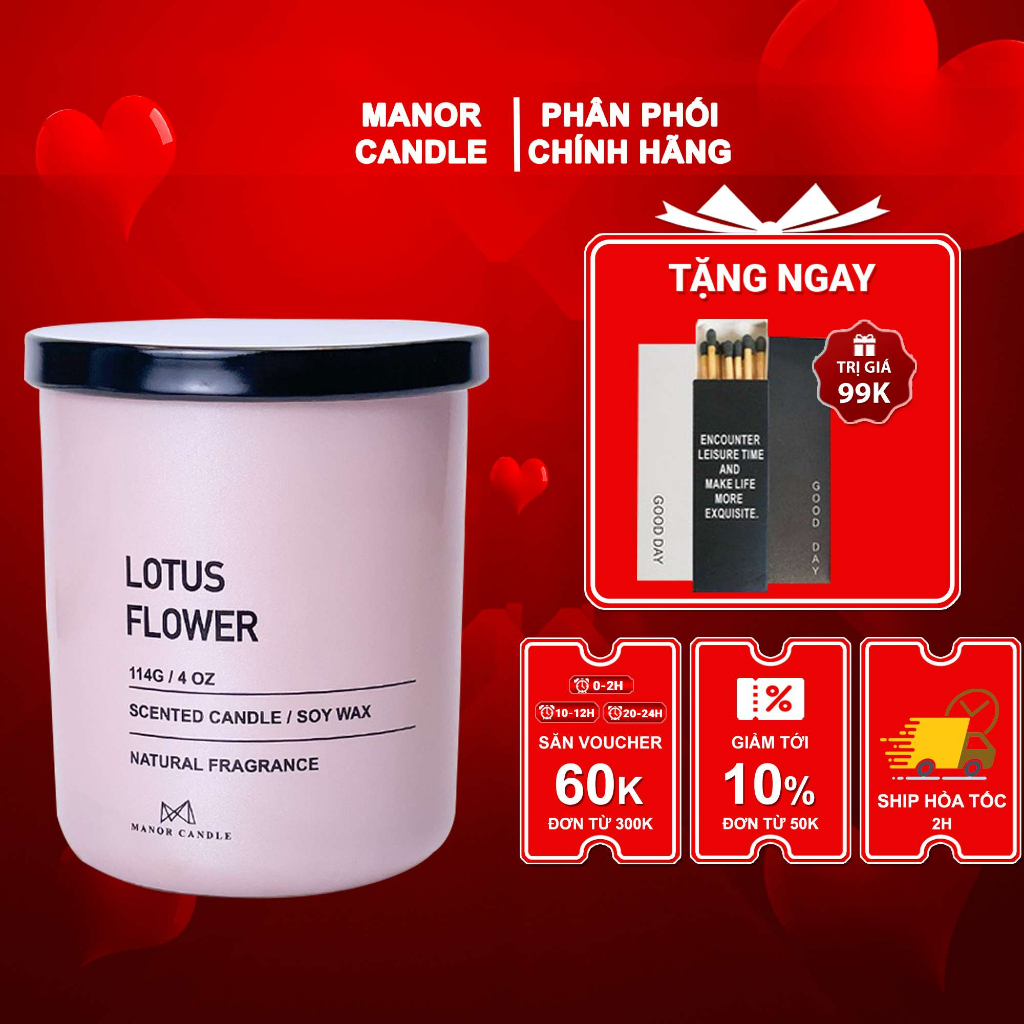 Nến Thơm Lotus Flower Chính Hãng Manor Candle Size 4 oz 114g An Toàn Không Khói, Manor Candle