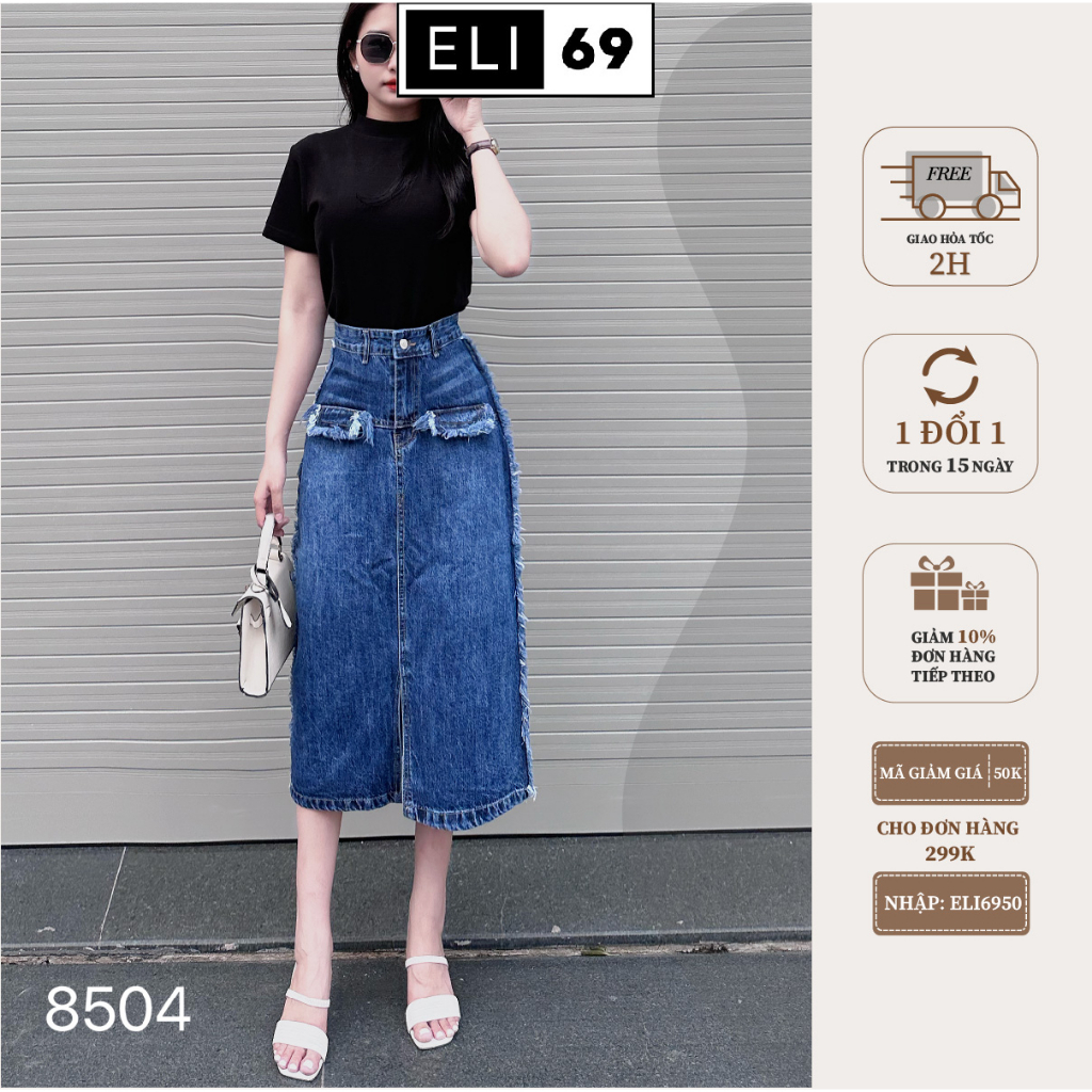 Chân Váy Bò Dài ELI69 Lưng Cao Màu Xanh Tạo Viền Thời Trang Phong Cách 8504