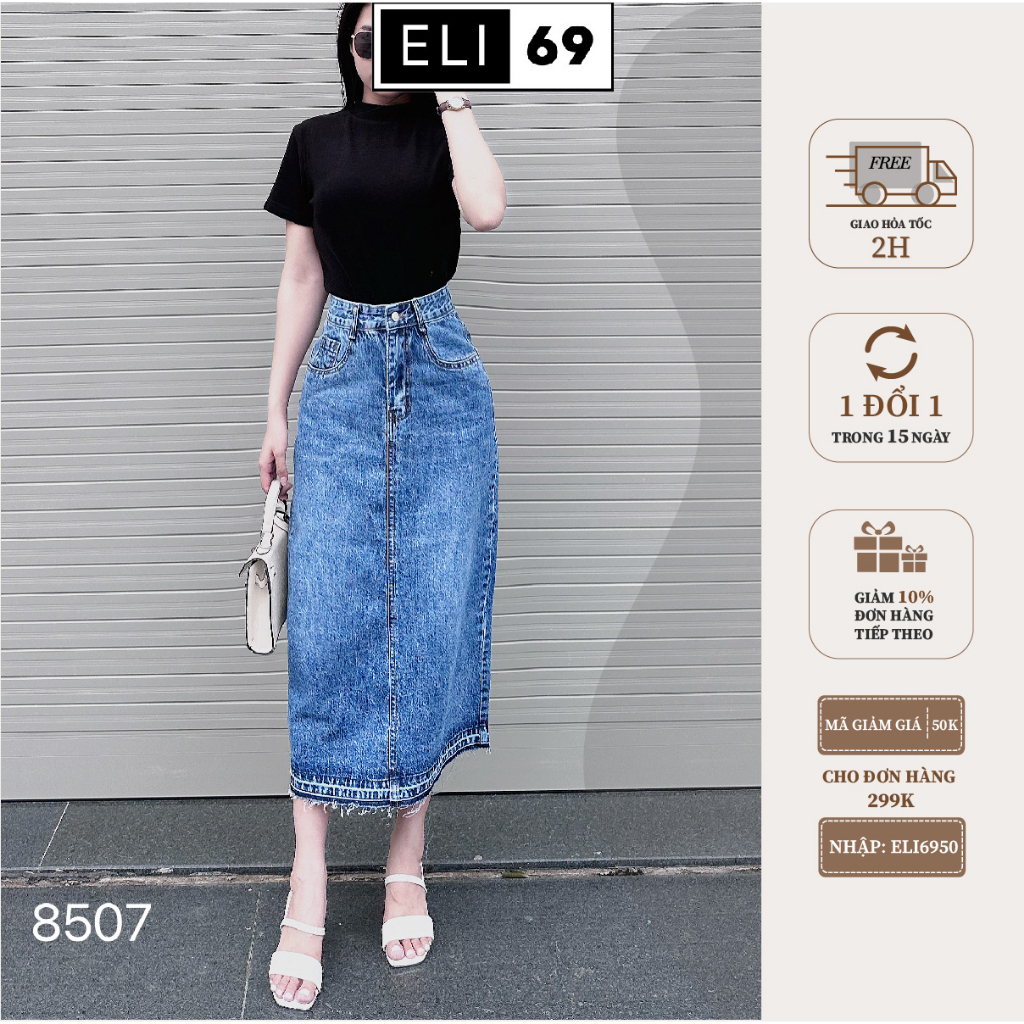 Chân Váy Bò Dài ELI69 Thiết Kế Lưng Cạp Cao Siêu Tôn Dáng Phong Cách Vintage Chất Jean Cứng Cáp Lên Phom Chuẩn M8507