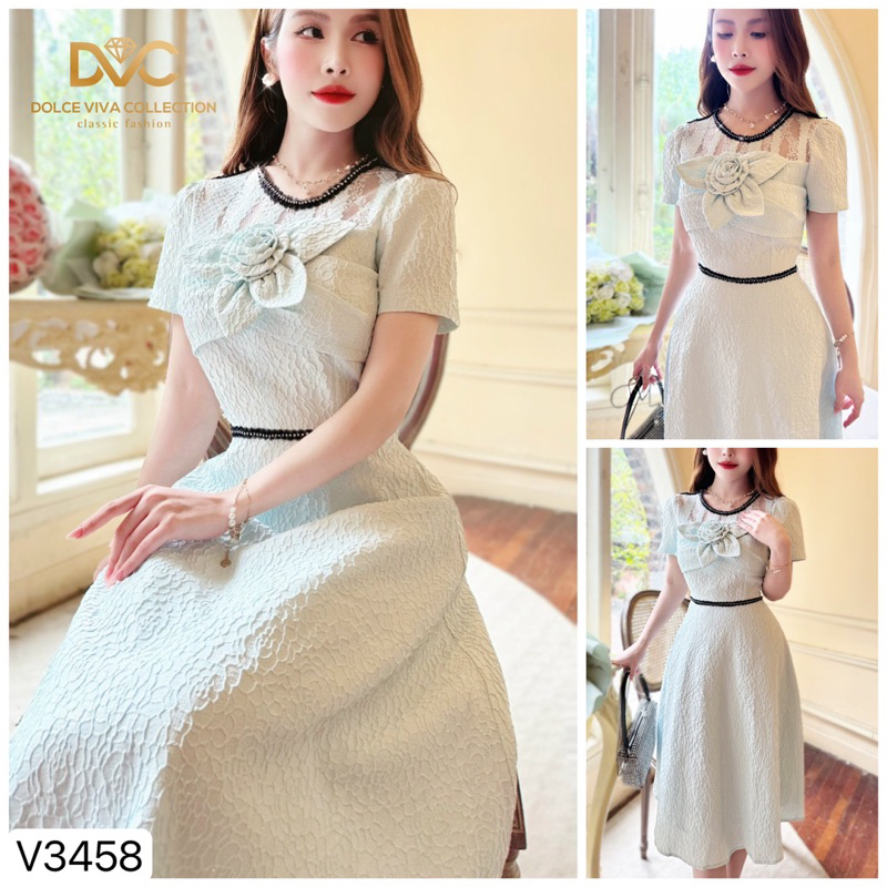 Váy xanh đính hoa ngực cổ viền đen V3458- DVC