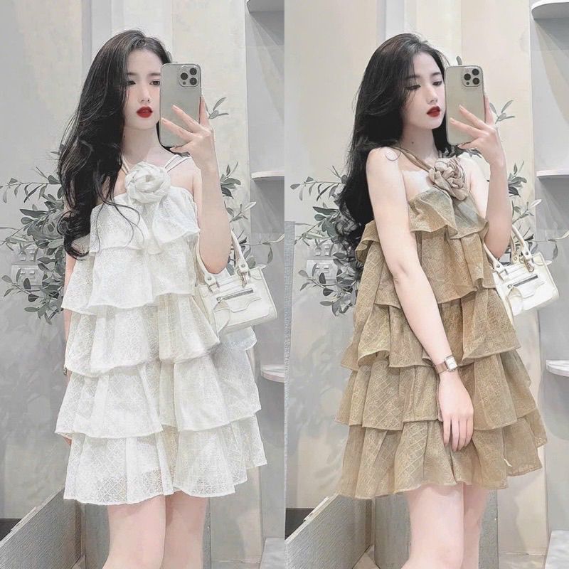 (Ảnh thật ở cuối) Đầm tơ cổ yếm đính hoa nhiều tầng