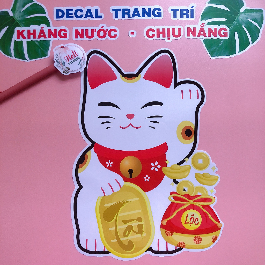 Decal Trang Trí MÈO THẦN TÀI MAY MẮN Size Lớn ✨ Hình Dán Decor Mèo Tài Lộc - Sticker Kháng Nước, Chịu Nắng, Cắt Sẵn.