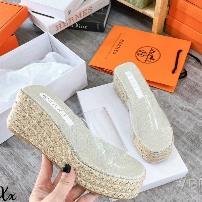 Dép Zara quai ngang mica trong đế xuồng cói fullbox