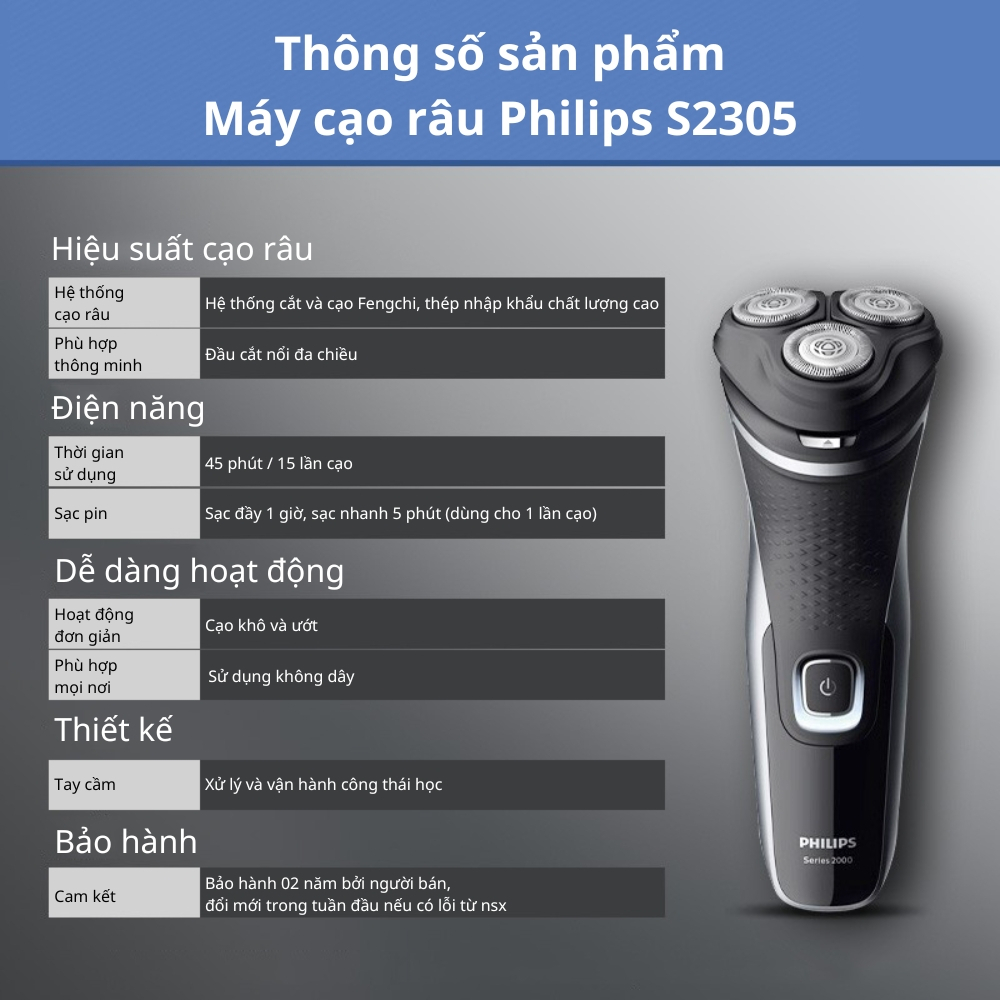 Máy cạo râu Philips điện 3 lưỡi S2305 dành cho cạo khô và ướt, tích hợp cạo mai, có sạc nhanh - BH 24 tháng - Madico